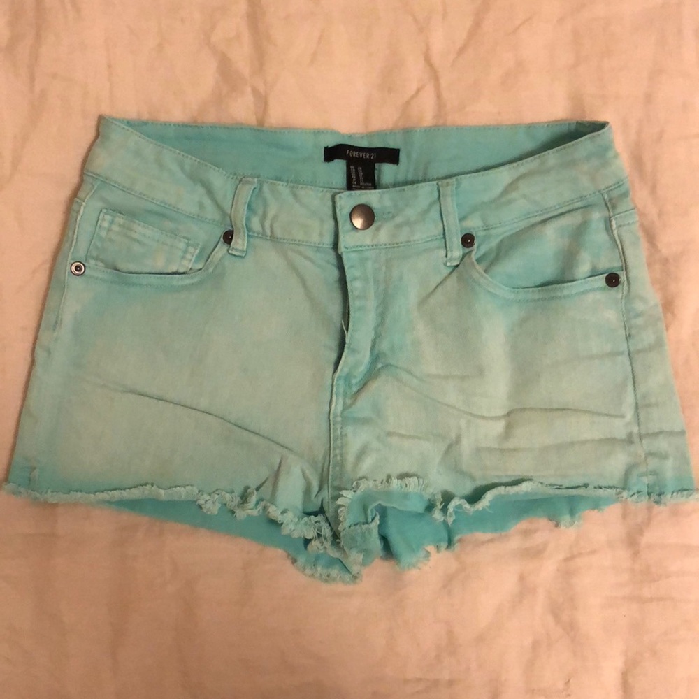 Turquoise denim cutoff shorts